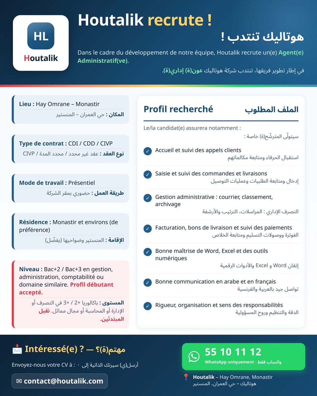 Houtalik recrute : agent(e) administratif(ve) à Hay Omrane, Monastir — WhatsApp 55 10 11 12 — contact@houtalik.com